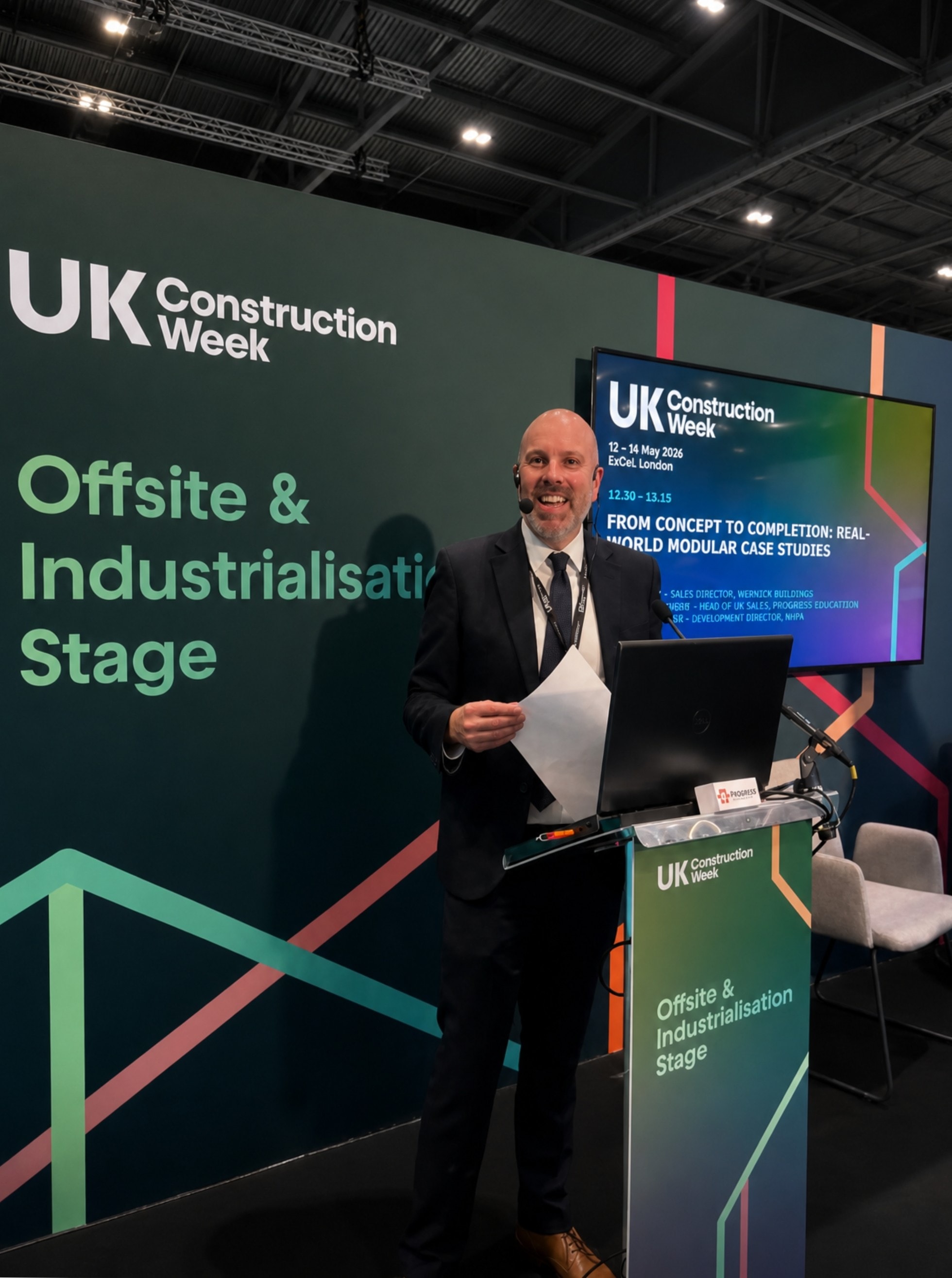 Jonathan Mussen presenting at UK Construction Week